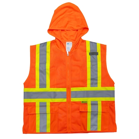 2W International Hi-Vis Hooded Safety Vest XL Class 2 H Back, , Zipper 6 Pockets, 1 Mic Tab HM7038C-2